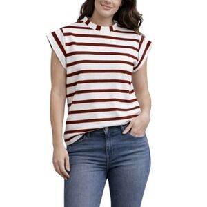 SHEIN Women's Burgundy White Striped Cap Sleeve Crew Neck Top Size 4